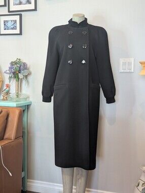Vintage Le Amiche Wool Long Black Coat Velvet Collar & Cuffs Atelier Made Sz 8P
